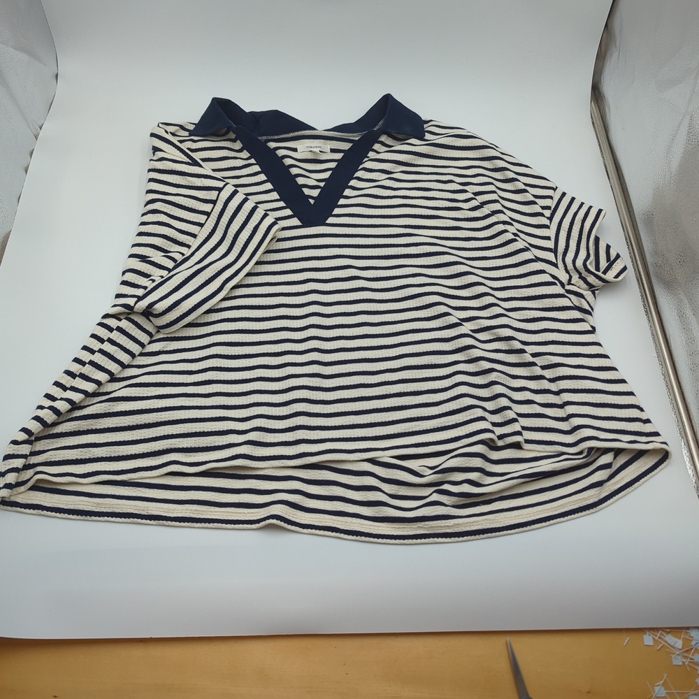 Maurices Womens 3X Navy Blue White Striped Polo Shirt Short Sleeve V-Neck Top